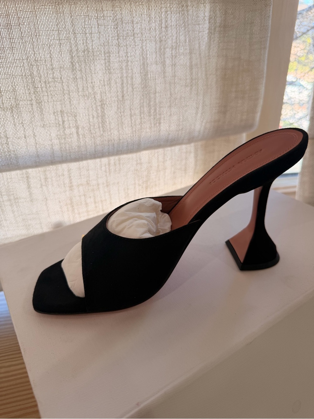 Amina Muaddi Black Mule with Pink Insole and Sculptural Heel